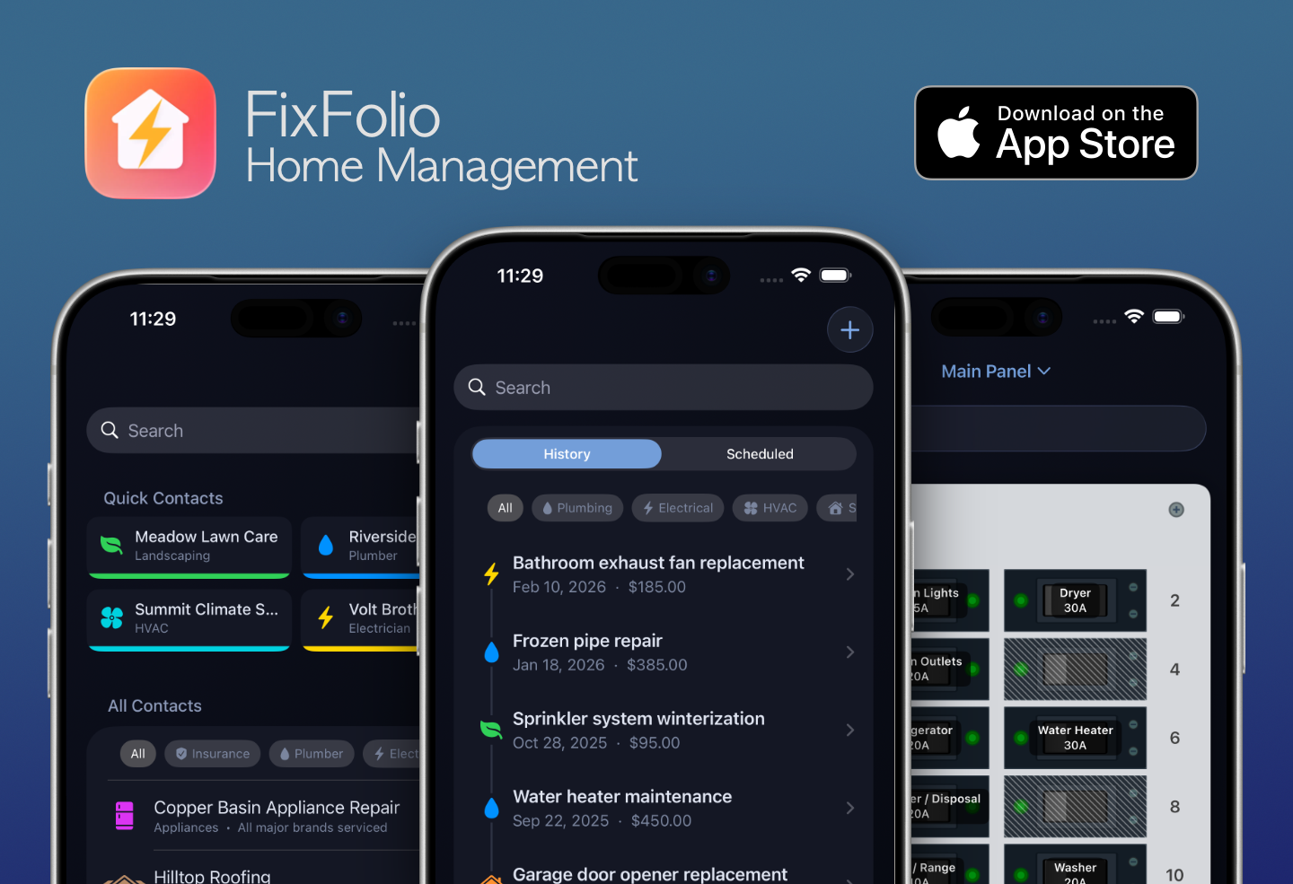 FixFolio Home Management app screenshots