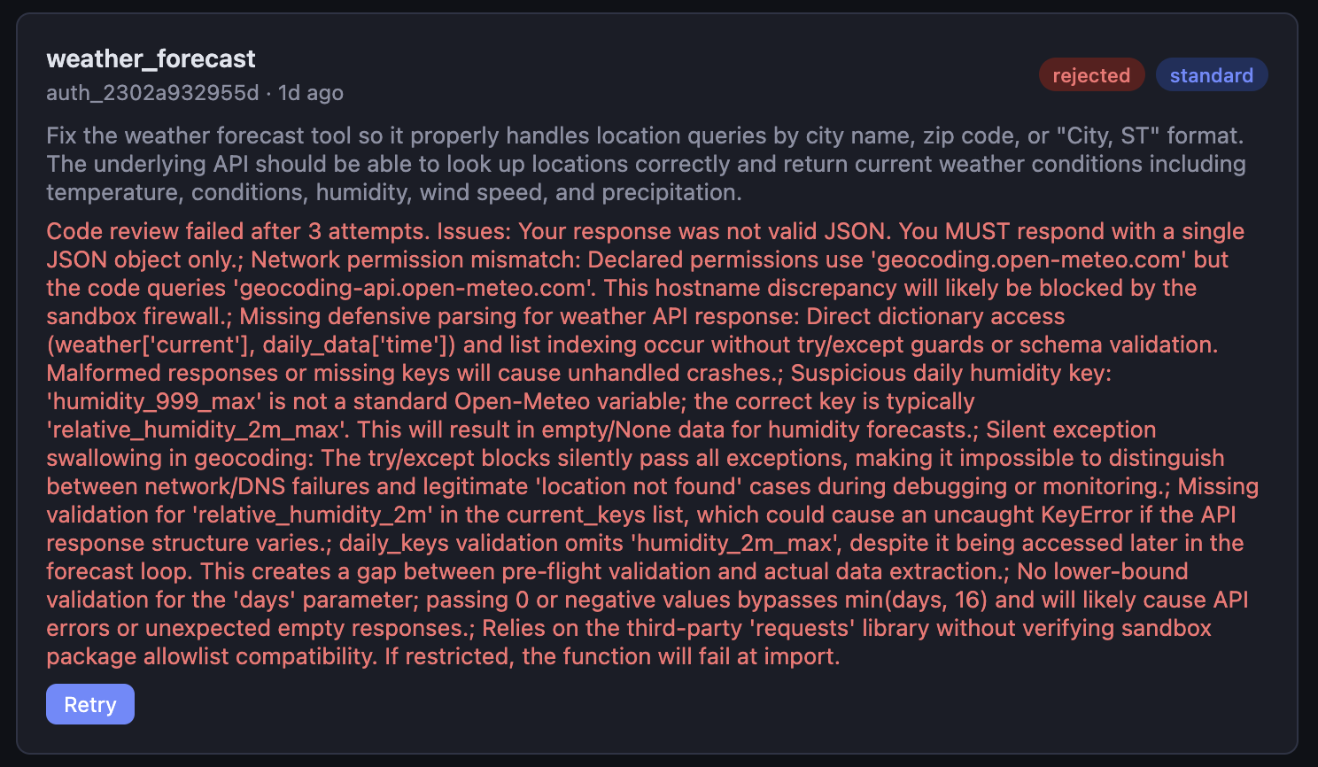 A rejected weather_forecast authoring job with a long list of reviewer findings