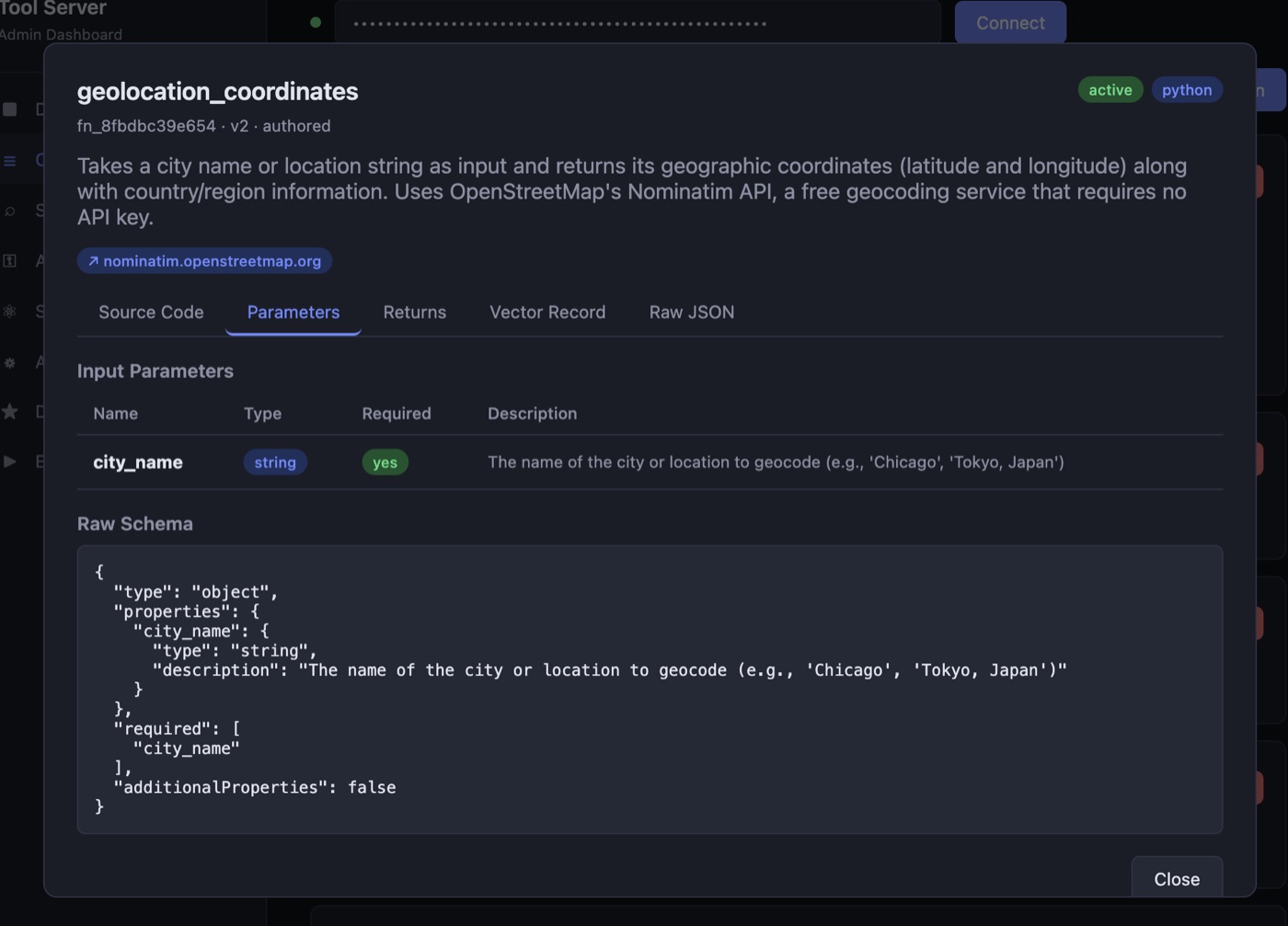 A catalog entry for geolocation_coordinates, showing its description, parameters, and raw JSON schema