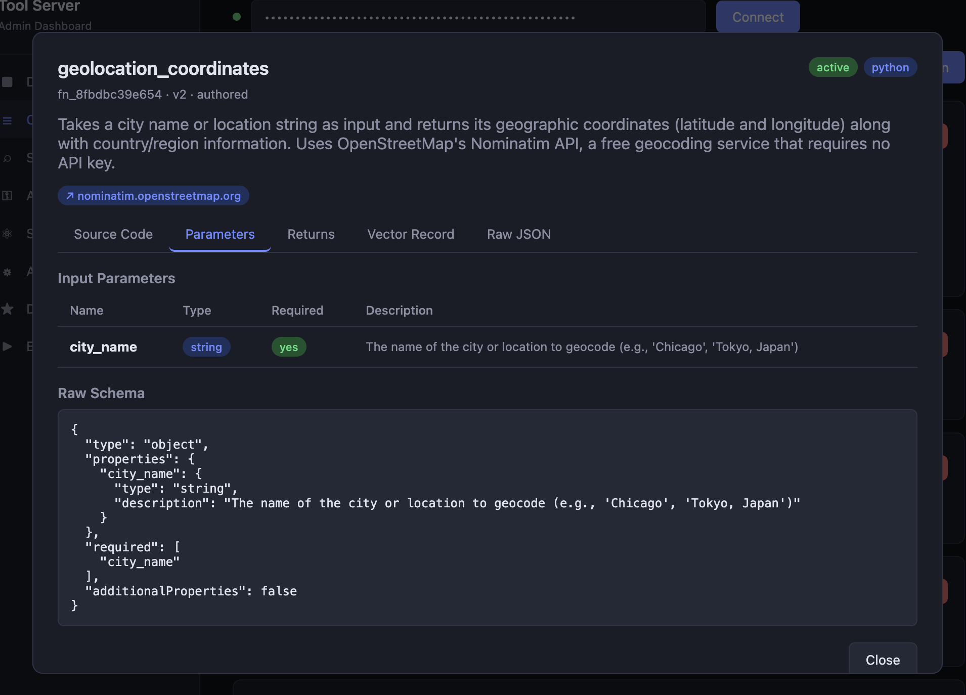 A catalog entry for geolocation_coordinates, showing its description, parameters, and raw JSON schema