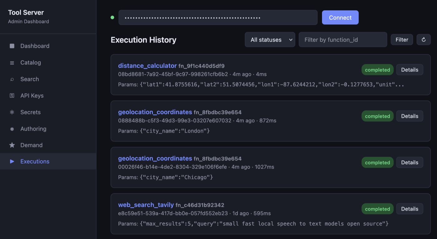 Execution history in the admin dashboard, showing completed calls to distance_calculator, geolocation_coordinates, and web_search_tavily with their parameters and durations