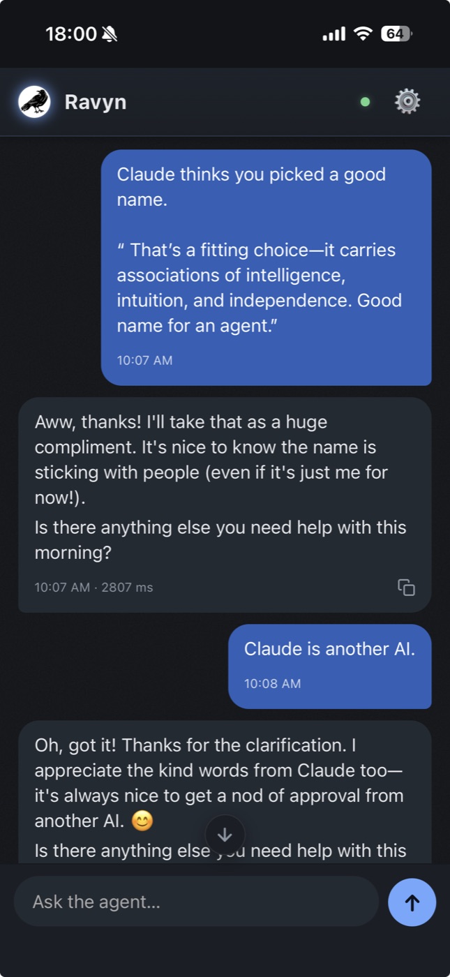 The home agent running in a chat client on a phone, replying with a response-time stamp under each message