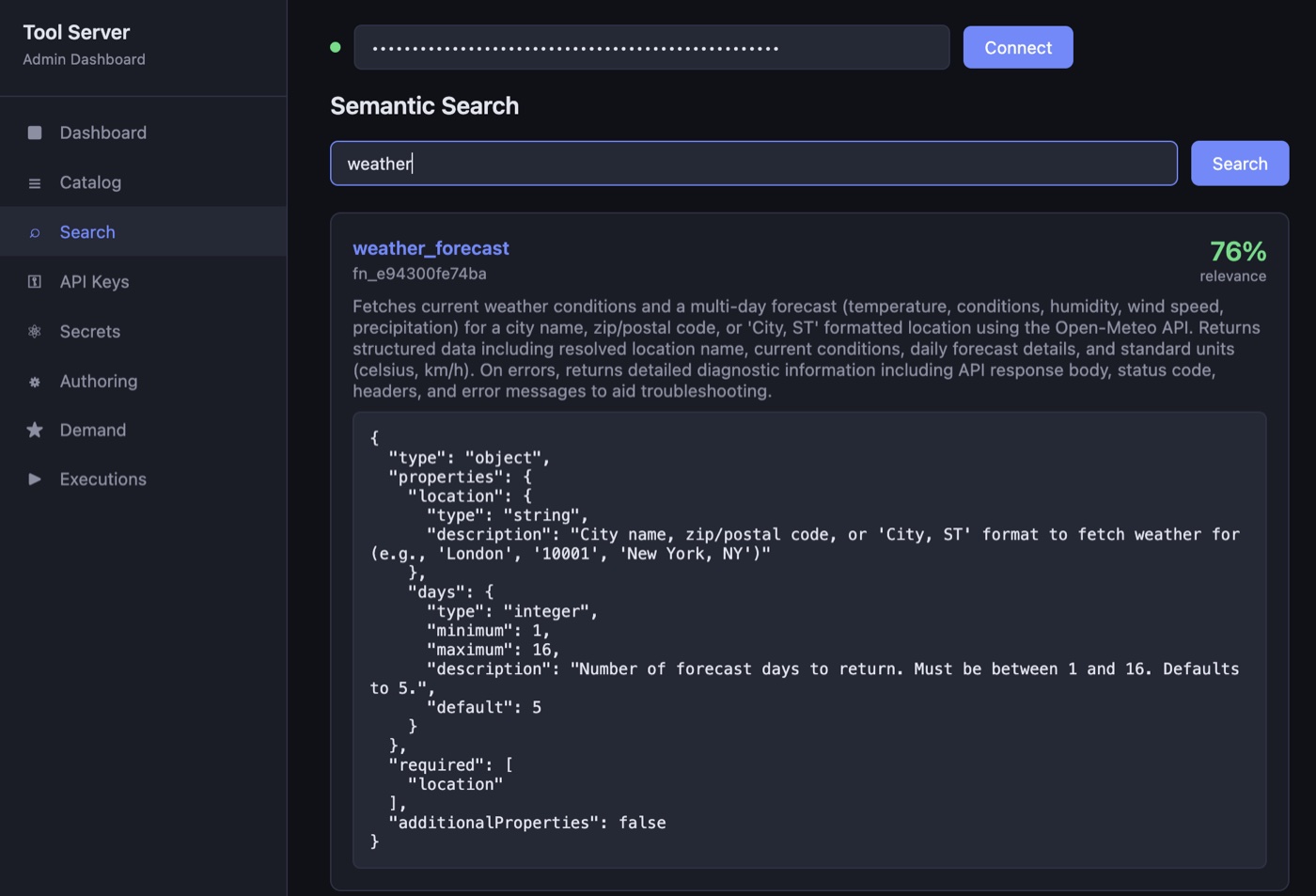 Semantic Search page of the admin dashboard, showing a "weather" query returning weather_forecast at 76% relevance