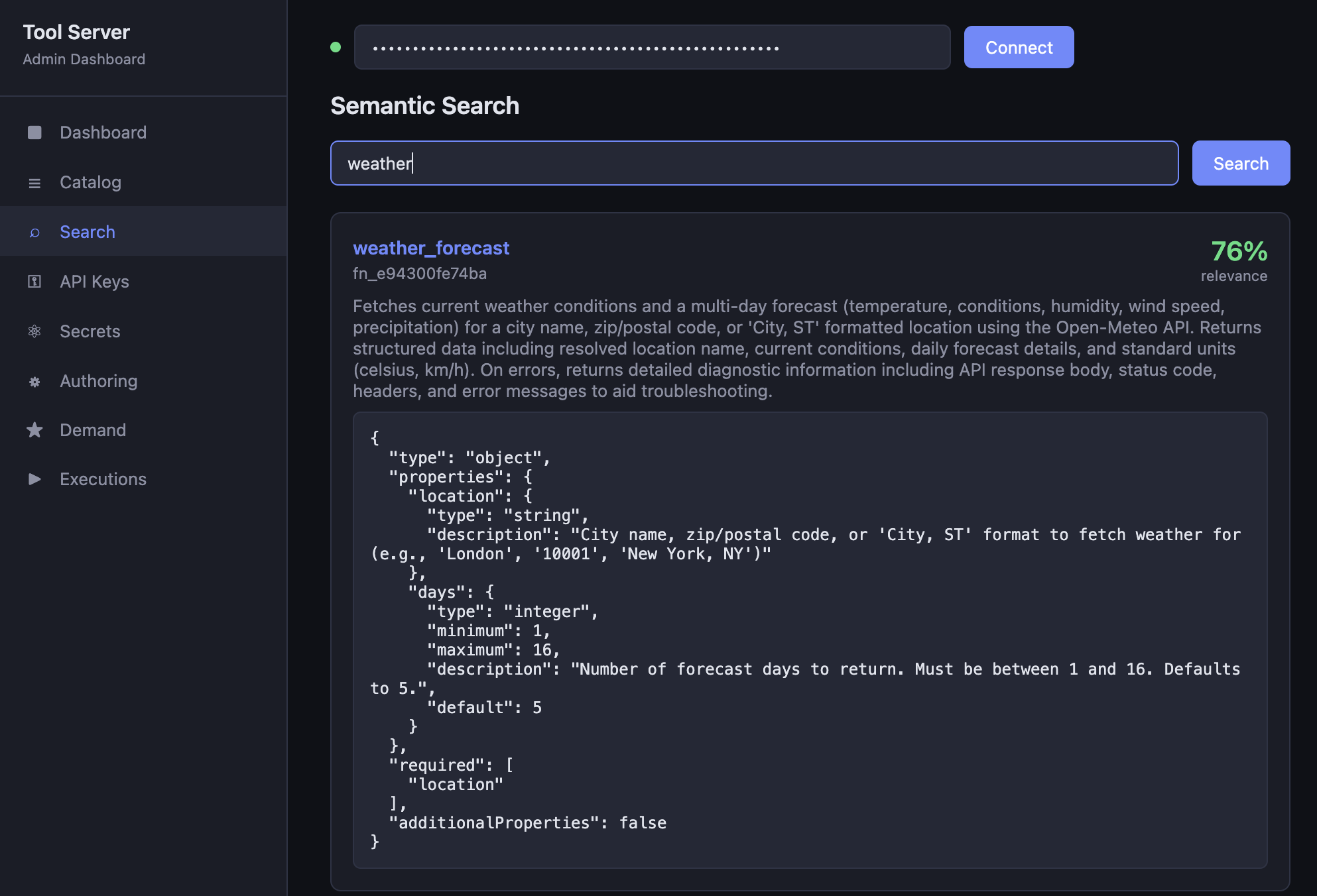 Semantic Search page of the admin dashboard, showing a "weather" query returning weather_forecast at 76% relevance